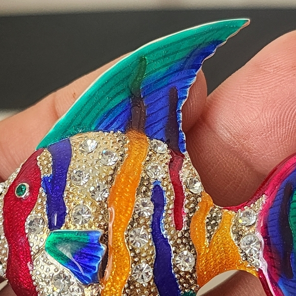 Large Statement Silver Colorful Enamel Angelfish Elegant Brooch Pin - Picture 5 of 8